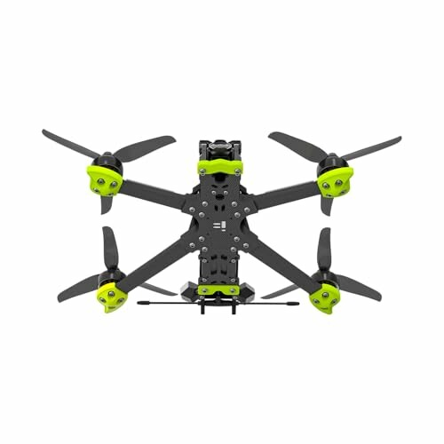 Bottom view of a racing drone with green highlights.