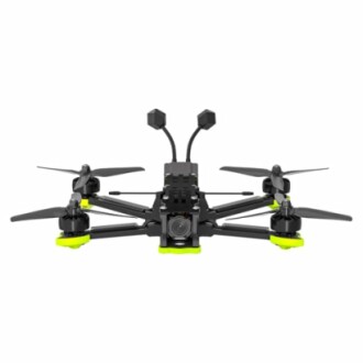 Front view of a black racing drone with four propellers.