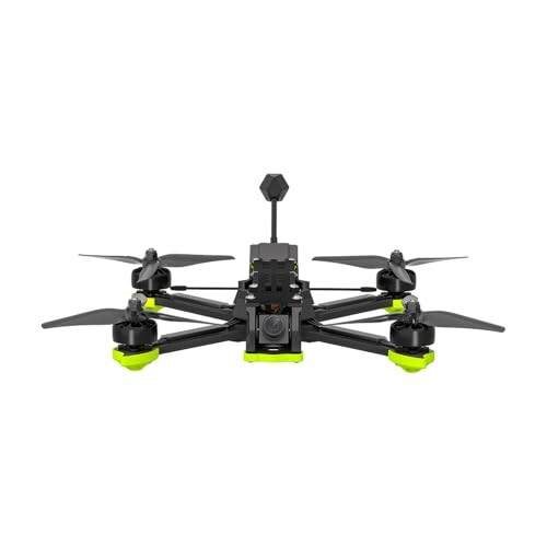 Front view of a black racing drone with green accents.
