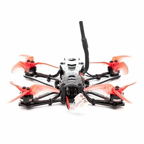 Racing drone with red propellers and antenna