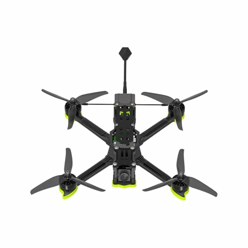 Top view of a racing drone with four propellers and a camera.