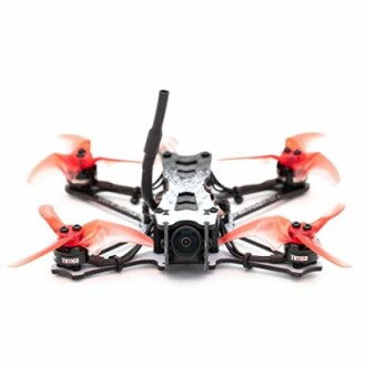 Racing drone with red propellers and camera.