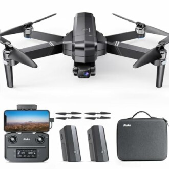 Ruko drone with controller, batteries, and carrying case.