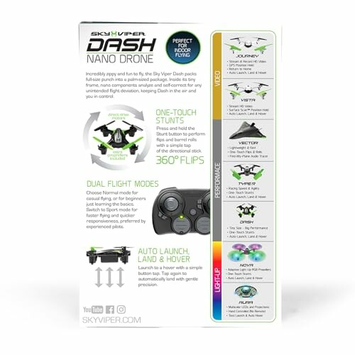SkyViper Dash Nano Drone packaging with features and controller.