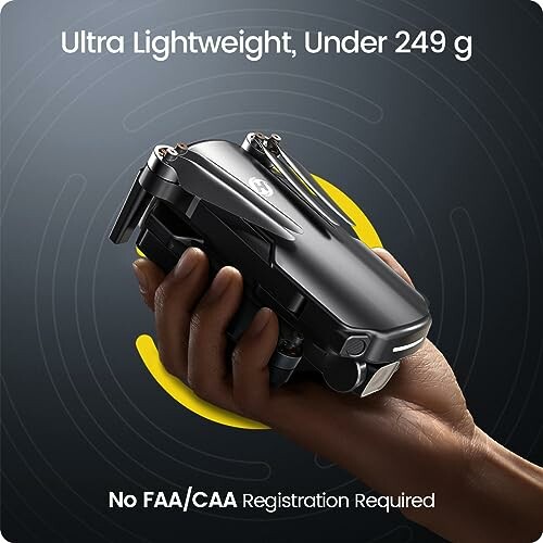 Hand holding an ultra-lightweight drone under 249 grams, no FAA/CAA registration required.