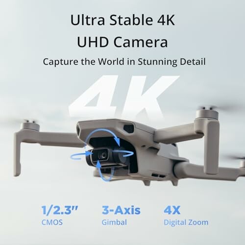 Drone with Ultra Stable 4K UHD Camera and features listed.